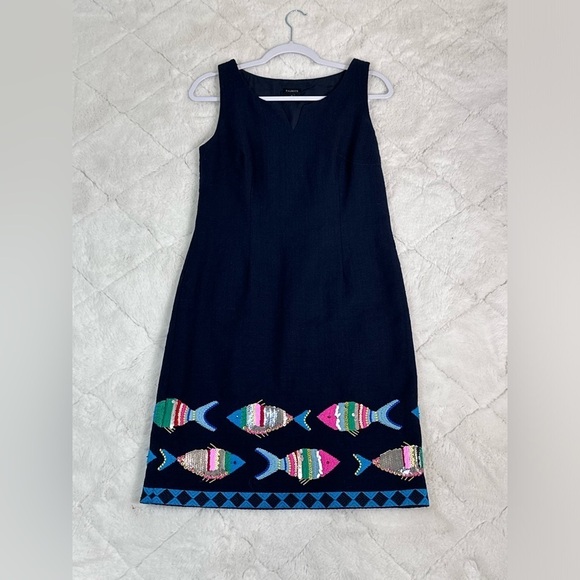 Talbots size 2 embroidered fish swim along beautifully textured sheath dress - Picture 2 of 10